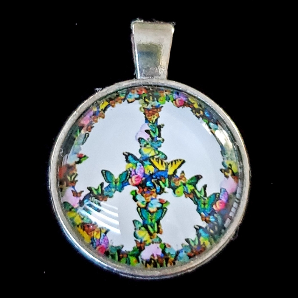 Floral Peace Sign Pendant Domed Glass Butterfly Motifs Inlay Silver Tone Hippie
